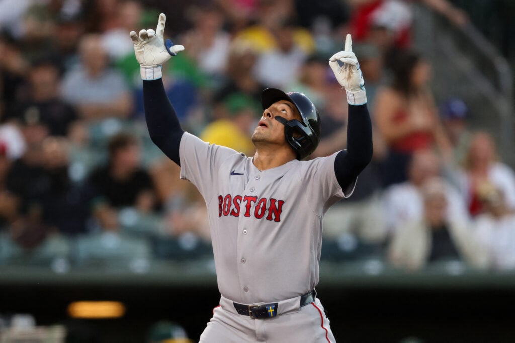 Jul 29, 2026; West Sacramento, California, USA; Boston Red Sox left fielder Jahmai Jones (37) celebrates at home plate after hitting a one run home run during the fifth inning against the Athletics at Sutter Health Park. Mandatory Credit: Sergio Estrada-Imagn Images