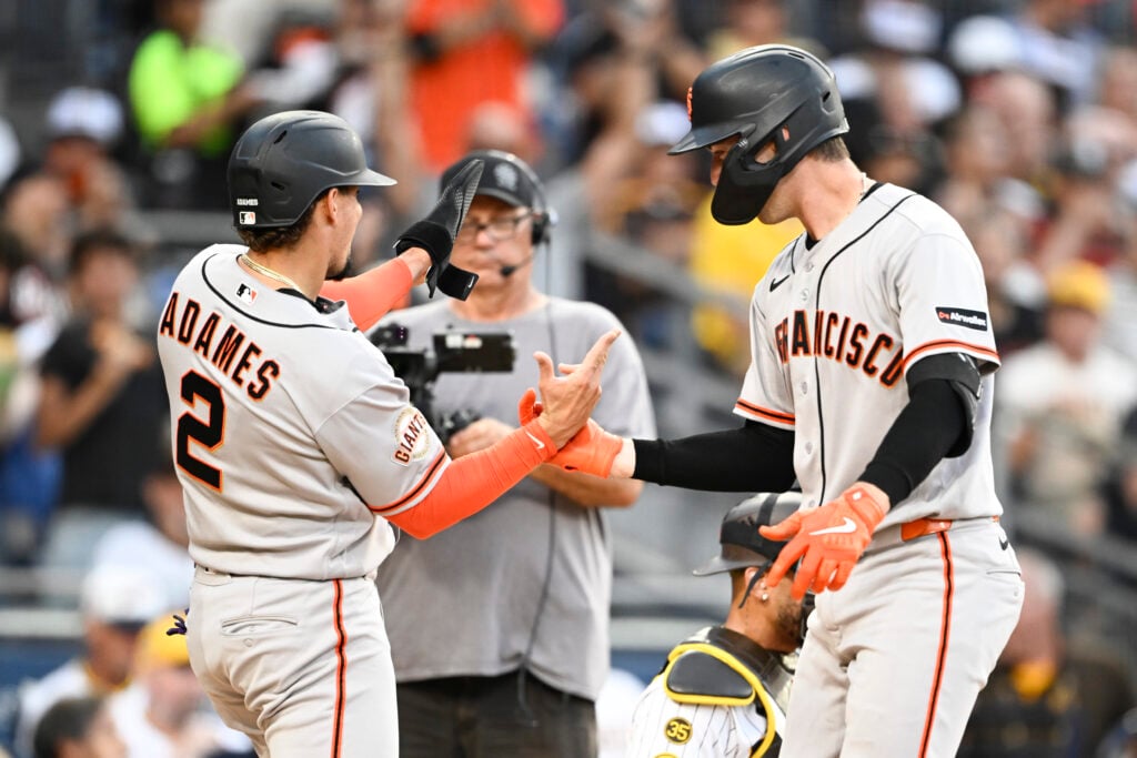 Jul 30, 2026; San Diego, California, USA; San Francisco Giants catcher Daniel Susac (6) is congratulated by shortstop Willy Adames (2) after hitting a two-run home run during the second inning against the San Diego Padres at Petco Park. Mandatory Credit: Denis Poroy-Imagn Images