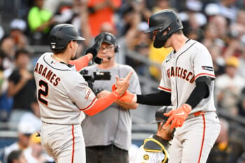 Jul 30, 2026; San Diego, California, USA; San Francisco Giants catcher Daniel Susac (6) is congratulated by shortstop Willy Adames (2) after hitting a two-run home run during the second inning against the San Diego Padres at Petco Park. Mandatory Credit: Denis Poroy-Imagn Images