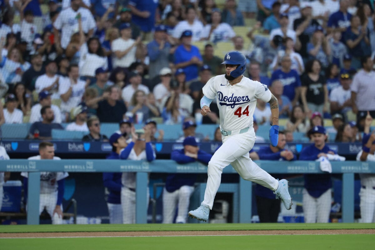 Jul 30, 2026; Los Angeles, California, USA; Los Angeles Dodgers center fielder Andy Pages (44) scores on a RBI double hit by shortstop Mookie Betts (50) in the first inning at Dodger Stadium. Mandatory Credit: William Navarro-Imagn Images