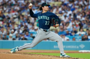 Jul 30, 2026; Los Angeles, California, USA; Seattle Mariners pitcher Bryan Woo (22) delivers in the second inning against the Los Angeles Dodgers at Dodger Stadium. Mandatory Credit: William Navarro-Imagn Images