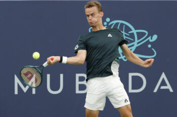 Jul 31, 2024; Washington, DC, USA; Luca Van Assche (FRA) hits a forehand against Andrey Rublev (not pictured) on day five of the Mubadala Citi DC Open at Rock Creek Park Tennis Center. Mandatory Credit: Geoff Burke-Imagn Images