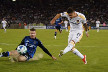 Jun 28, 2025; Stanford, California, USA;  San Jose Earthquakes defender Max Floriani (25) attempts to block a shot by Los Angeles Galaxy forward Gabriel Pec (11) in the second half at Stanford Stadium. Mandatory Credit: David Gonzales-Imagn Images