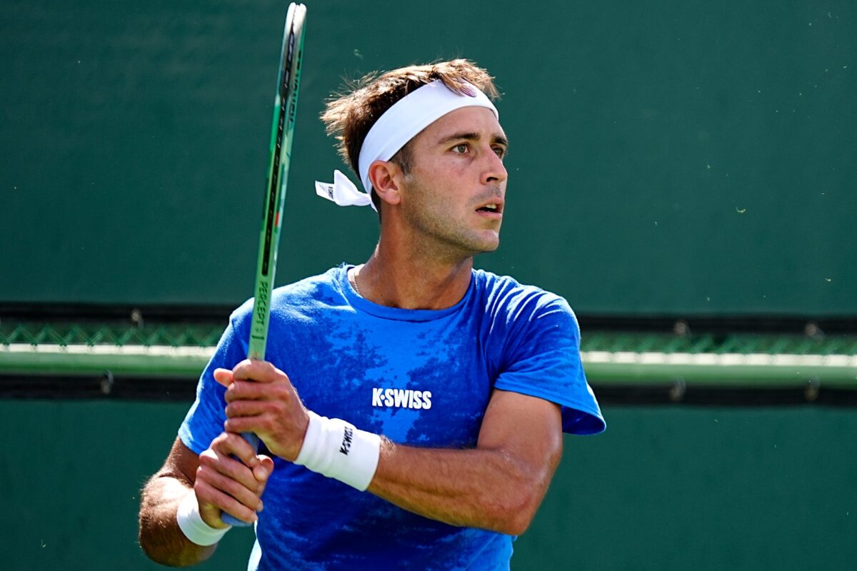 Tomas Martin Etcheverry practices ahead of the BNP Paribas Open main draw at the Indian Wells Tennis Garden in Indian Wells, Calif., on Tuesday, March 3, 2026.
