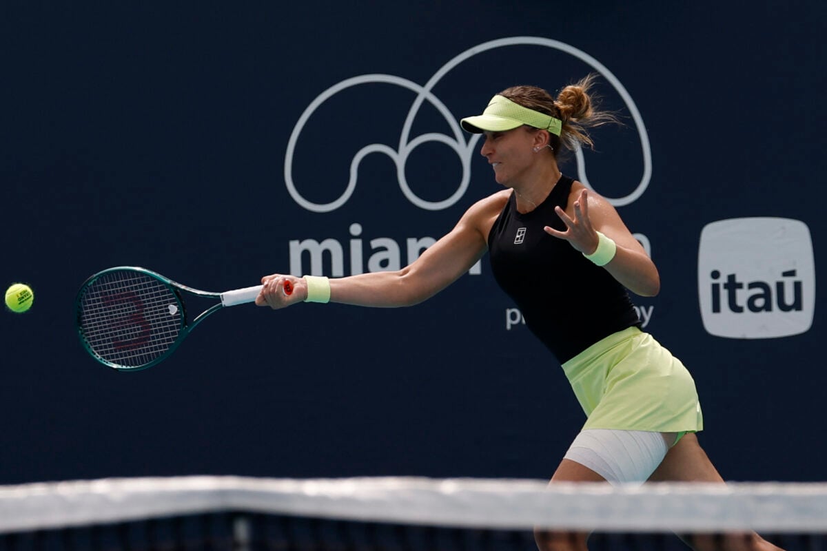 Mar 21, 2026; Miami Gardens, FL, USA; Paula Badosa (ESP) hits a forehand against Iva Jovic (USA) (not pictured) on day five of the 2026 Miami Open at Hard Rock Stadium. Mandatory Credit: Geoff Burke-Imagn Images