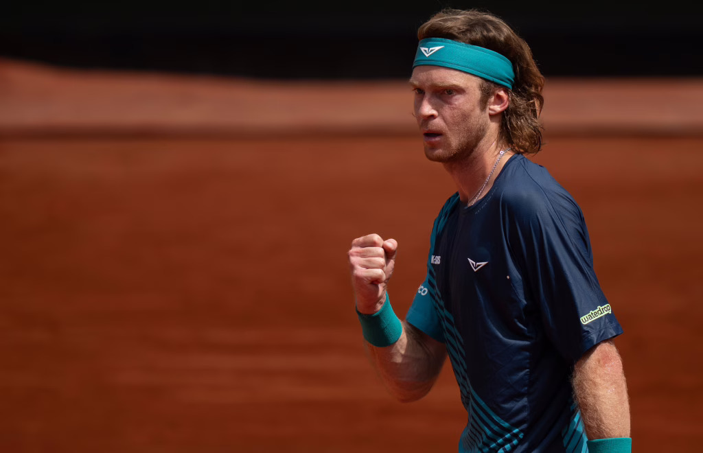 May 29, 2026; Paris, France; Andrey Rublev reacts during his match against Nuno Borges of Portugal on day six at Stade Roland Garros. Mandatory Credit: Susan Mullane-Imagn Images