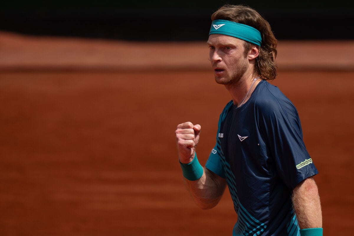 May 29, 2026; Paris, France; Andrey Rublev reacts during his match against Nuno Borges of Portugal on day six at Stade Roland Garros. Mandatory Credit: Susan Mullane-Imagn Images