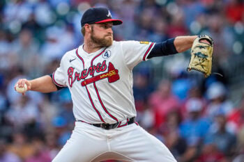 Jun 2, 2026; Cumberland, Georgia, USA; Atlanta Braves pitcher Bryce Elder (55) pitches against the Toronto Blue Jays during the first inning at Truist Park. Mandatory Credit: Dale Zanine-Imagn Images