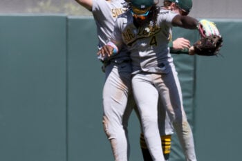 Jun 25, 2026; San Francisco, California, USA; Athletics outfielders Tyler Soderstrom (21), Lawrence Butler (4) and Henry Bolte (33) celebrate their 9-6 victory over the San Francisco Giants at Oracle Park. Mandatory Credit: D. Ross Cameron-Imagn Images