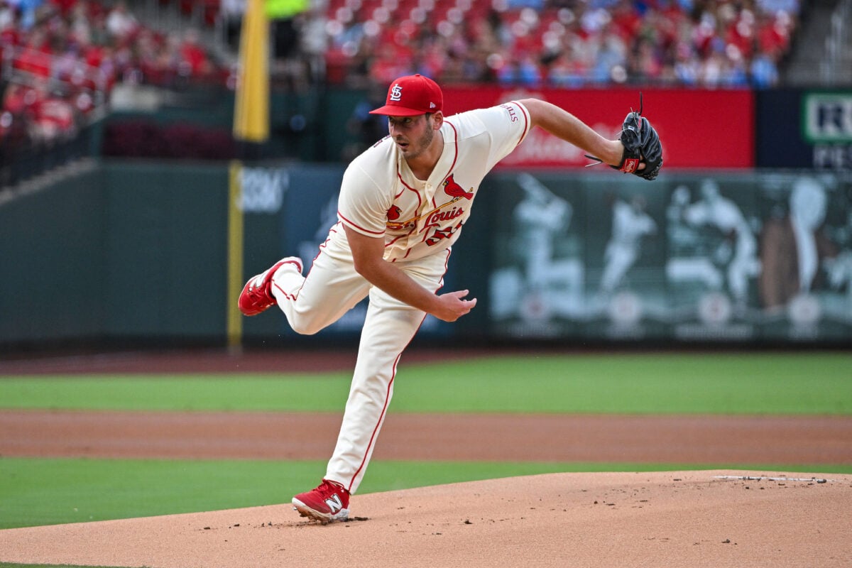 Jun 27, 2026; St. Louis, Missouri, USA; St. Louis Cardinals starting pitcher Andre Pallante (53) throws against the Miami Marlins during the first inning at Busch Stadium. Mandatory Credit: Jeff Curry-Imagn Images