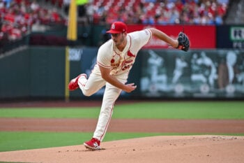 Jun 27, 2026; St. Louis, Missouri, USA; St. Louis Cardinals starting pitcher Andre Pallante (53) throws against the Miami Marlins during the first inning at Busch Stadium. Mandatory Credit: Jeff Curry-Imagn Images