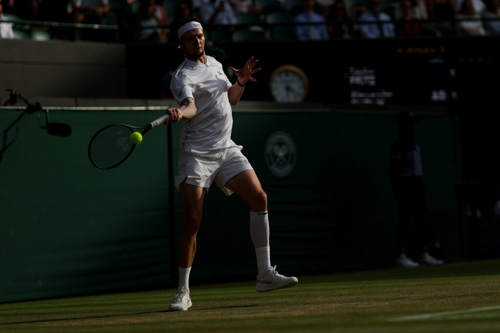 Jul 6, 2026; London, United Kingdom; Alexander Bublik (KAZ) hits a forehand against Taylor Fritz (USA) (not pictured) on day eight of The Championships Wimbledon 2026 at All England Lawn Tennis and Croquet Club. Mandatory Credit: Geoff Burke-Imagn Images