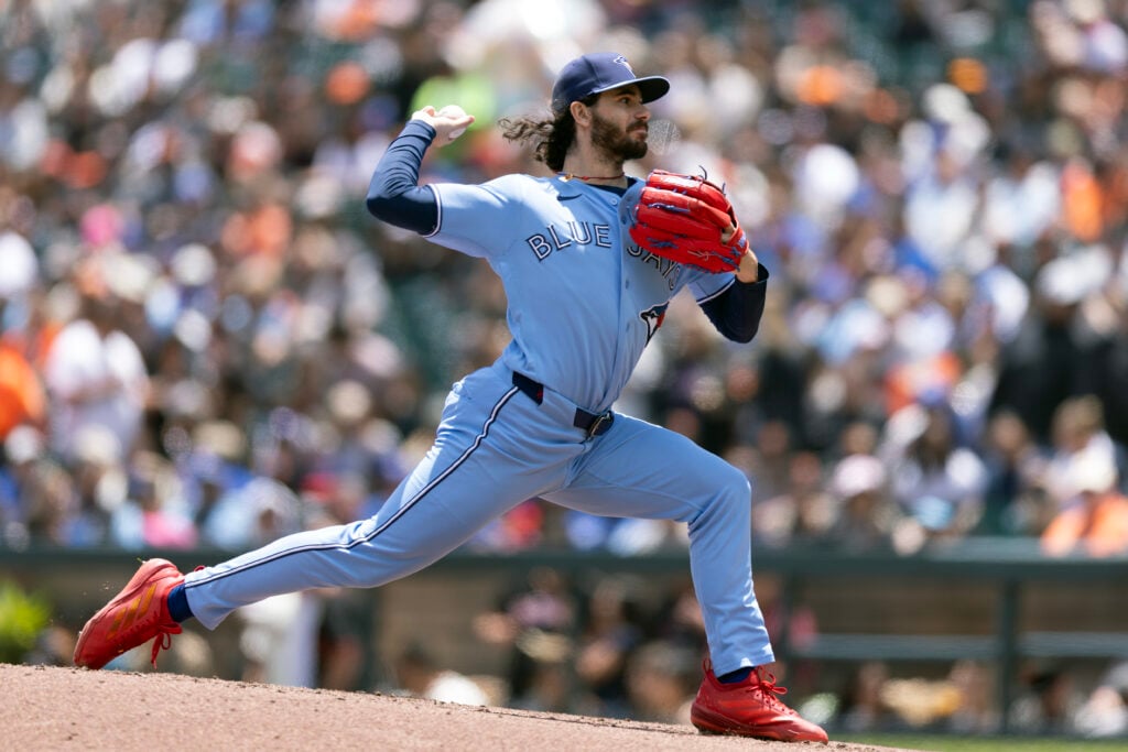 Jul 8, 2026; San Francisco, California, USA; Toronto Blue Jays starting pitcher Dylan Cease (84) delivers a pitch against the San Francisco Giants during the second inning at Oracle Park. Mandatory Credit: D. Ross Cameron-Imagn Images