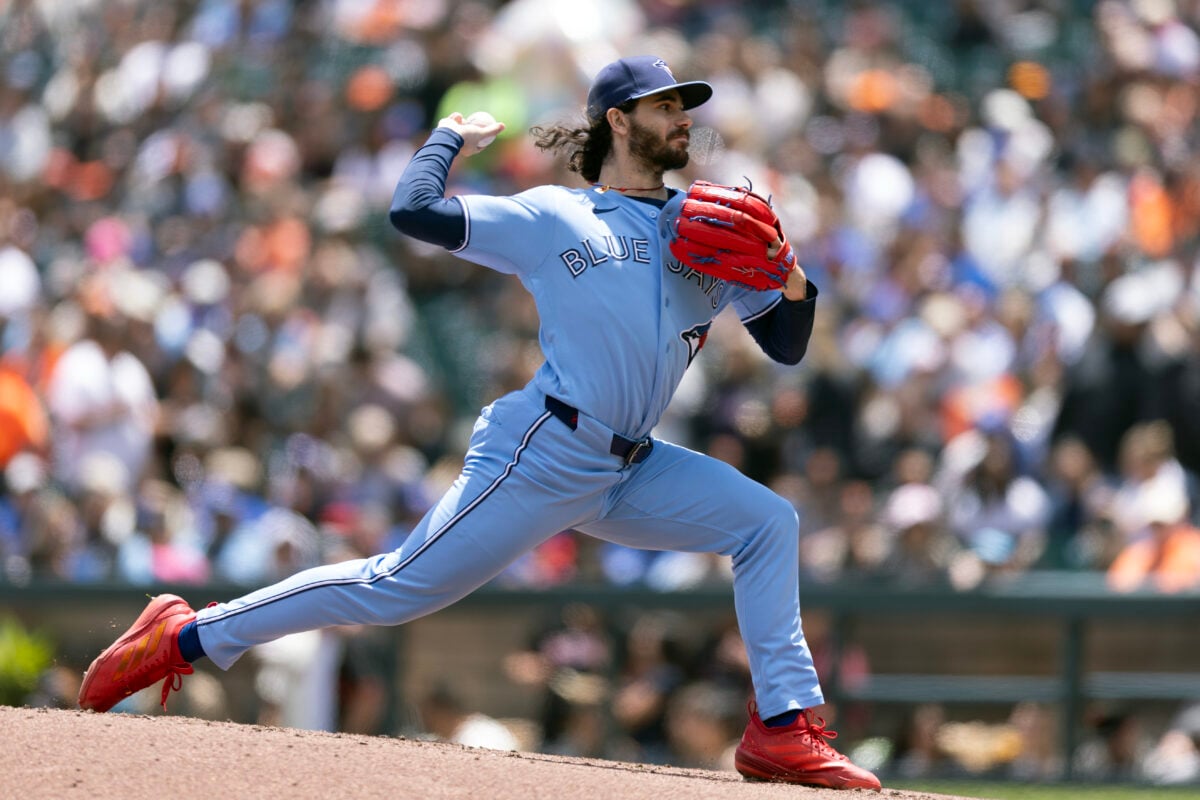 Jul 8, 2026; San Francisco, California, USA; Toronto Blue Jays starting pitcher Dylan Cease (84) delivers a pitch against the San Francisco Giants during the second inning at Oracle Park. Mandatory Credit: D. Ross Cameron-Imagn Images