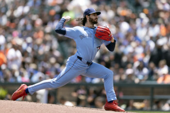 Jul 8, 2026; San Francisco, California, USA; Toronto Blue Jays starting pitcher Dylan Cease (84) delivers a pitch against the San Francisco Giants during the second inning at Oracle Park. Mandatory Credit: D. Ross Cameron-Imagn Images