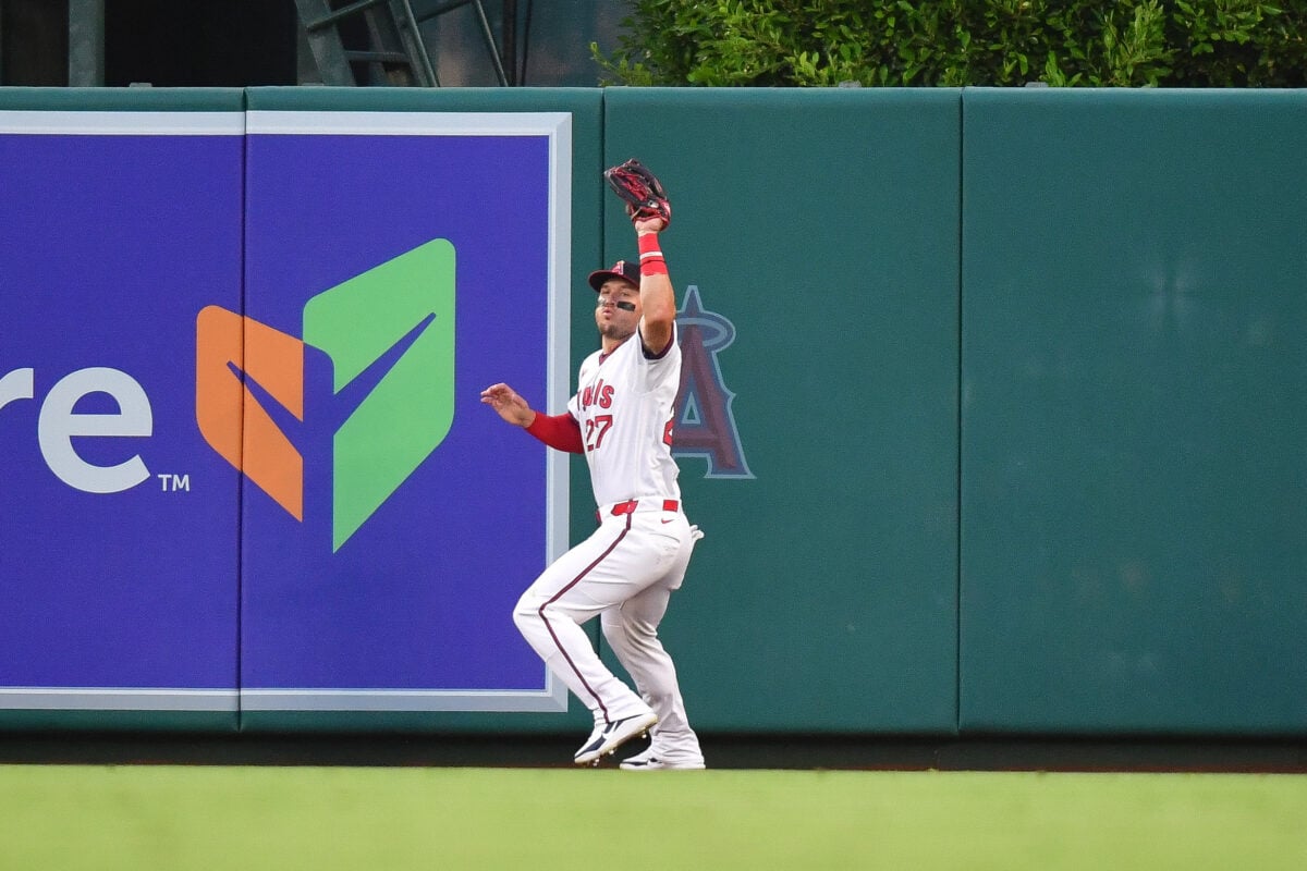 Jul 18, 2026; Anaheim, California, USA; Los Angeles Angels center fielder Mike Trout (27) catches the fly ball of Detroit Tigers center fielder Matt Vierling (8) during the third inning at Angel Stadium. Mandatory Credit: Gary A. Vasquez-Imagn Images