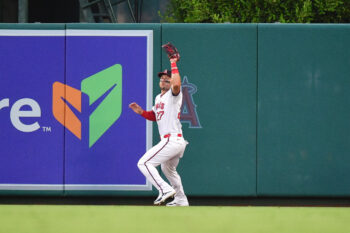Jul 18, 2026; Anaheim, California, USA; Los Angeles Angels center fielder Mike Trout (27) catches the fly ball of Detroit Tigers center fielder Matt Vierling (8) during the third inning at Angel Stadium. Mandatory Credit: Gary A. Vasquez-Imagn Images