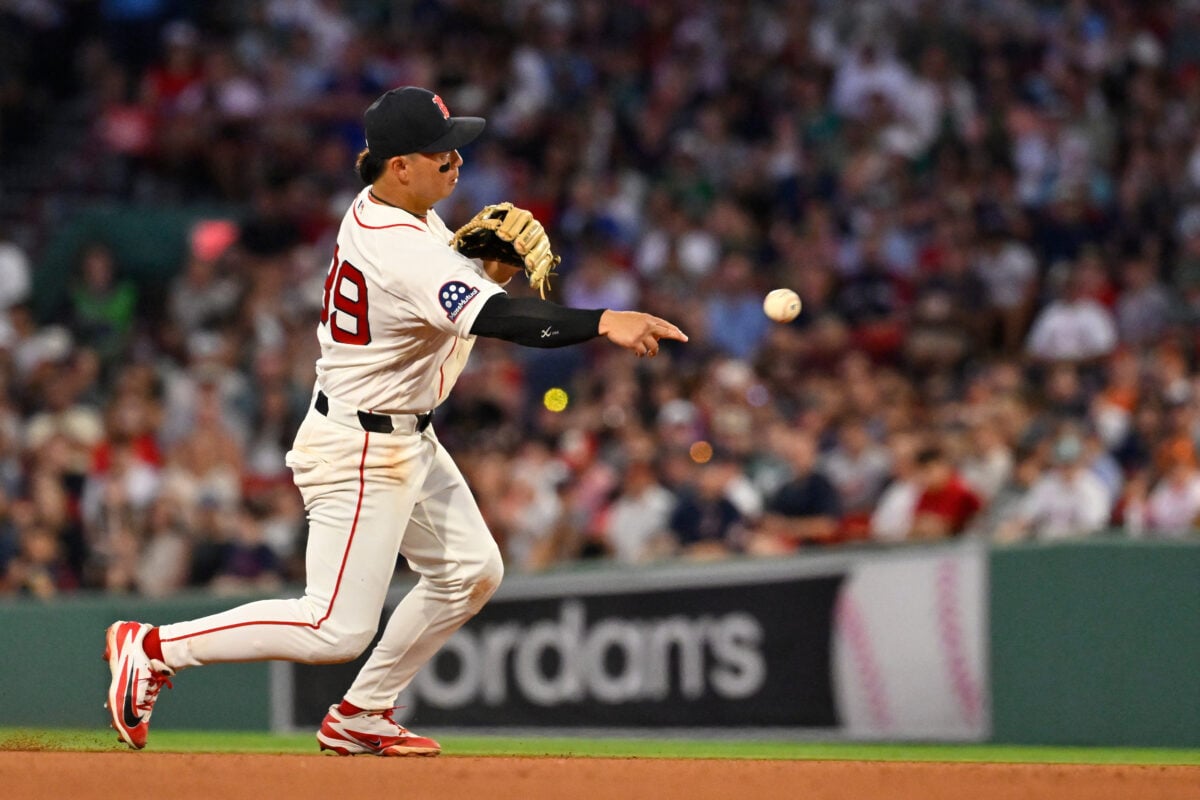 Jul 20, 2026; Boston, Massachusetts, USA; Boston Red Sox shortstop Tsung-Che Cheng (39) throws the ball for an out against the Baltimore Orioles during the sixth inning at Fenway Park. Mandatory Credit: Eric Canha-Imagn Images