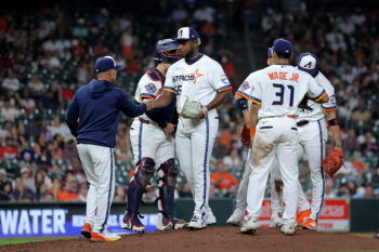 Jul 20, 2026; Houston, Texas, USA; Houston Astros pitcher Ronel Blanco (56) gives the ball to manager Joe Espada (19, blue) after being relieved from the game against the Miami Marlins during the fifth inning at Daikin Park. Mandatory Credit: Erik Williams-Imagn Images