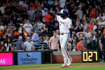 Jul 20, 2026; Houston, Texas, USA; Houston Astros designated hitter Yordan Alvarez (44) acknowledges the fans after hitting a home run to right field against the Miami Marlins during the fifth inning at Daikin Park. Mandatory Credit: Erik Williams-Imagn Images