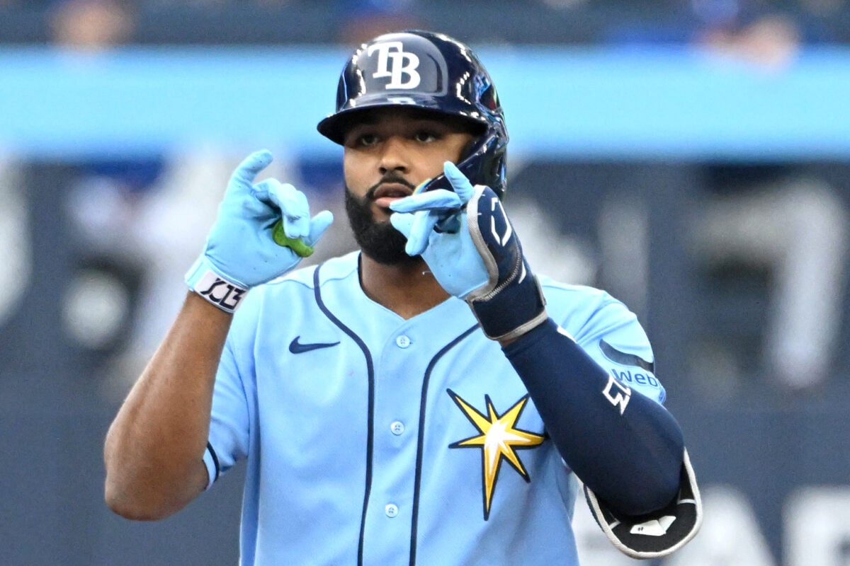 Jul 20, 2026; Toronto, Ontario, CAN;   Tampa Bay Rays third baseman Junior Caminero (13) reacts after hitting a double against the Toronto Blue Jays in the third inning at Rogers Centre. Mandatory Credit: Dan Hamilton-Imagn Images