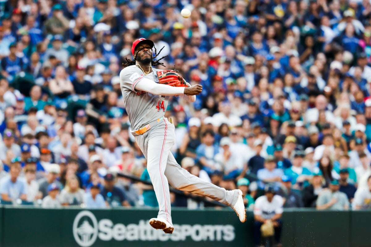 Jul 20, 2026; Seattle, Washington, USA; Cincinnati Reds shortstop Elly de la Cruz (44) throws to first base for an infield single against the Seattle Mariners during the fifth inning at T-Mobile Park. Mandatory Credit: Joe Nicholson-Imagn Images