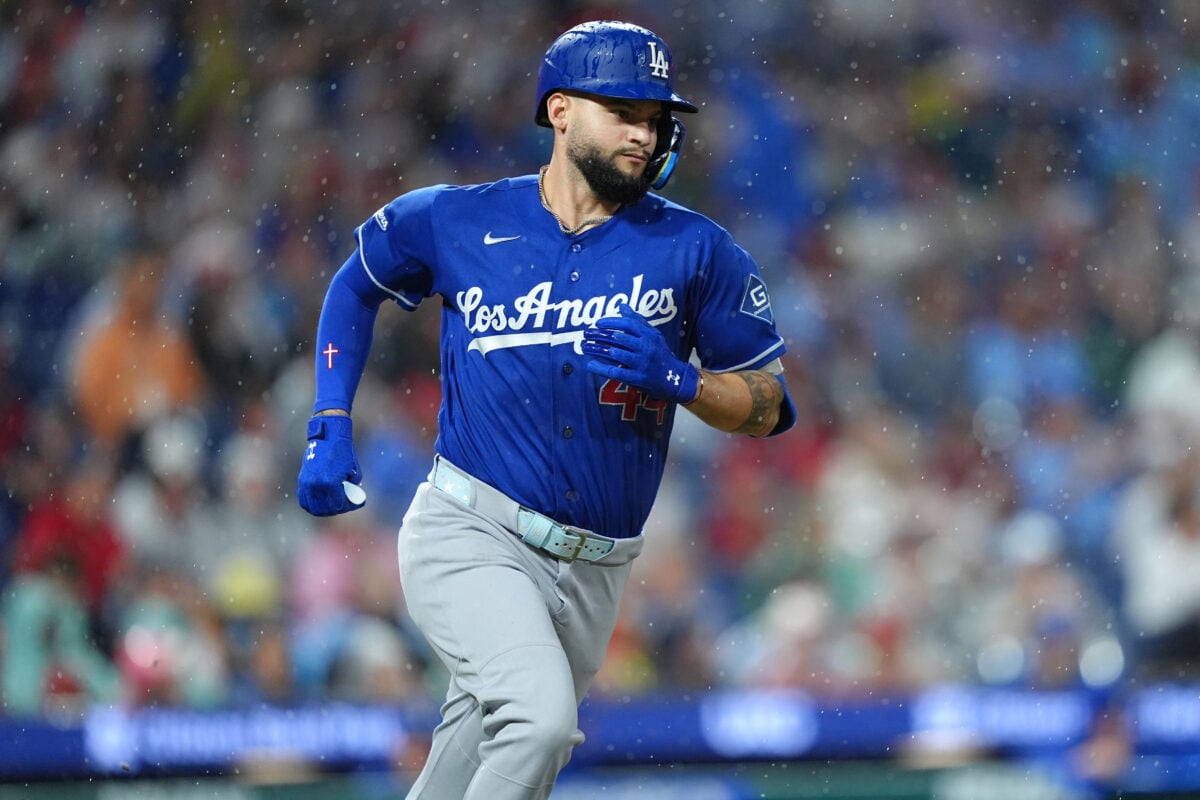 Jul 21, 2026; Philadelphia, Pennsylvania, USA; Los Angeles Dodgers outfielder Andy Pages (44) runs to first after hitting a single against the Philadelphia Phillies in the fourth inning at Citizens Bank Park. Mandatory Credit: Kyle Ross-Imagn Images