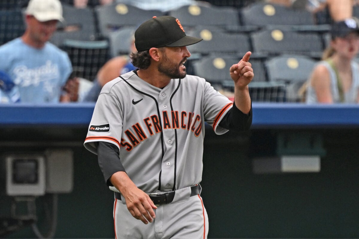Jul 22, 2026; Kansas City, Missouri, USA;  San Francisco Giants manager Tony Vitello (23) reacts after being ejected from the game in the seventh inning against the Kansas City Royals at Kauffman Stadium. Mandatory Credit: Peter Aiken-Imagn Images