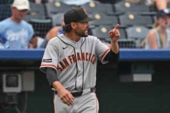 Jul 22, 2026; Kansas City, Missouri, USA;  San Francisco Giants manager Tony Vitello (23) reacts after being ejected from the game in the seventh inning against the Kansas City Royals at Kauffman Stadium. Mandatory Credit: Peter Aiken-Imagn Images