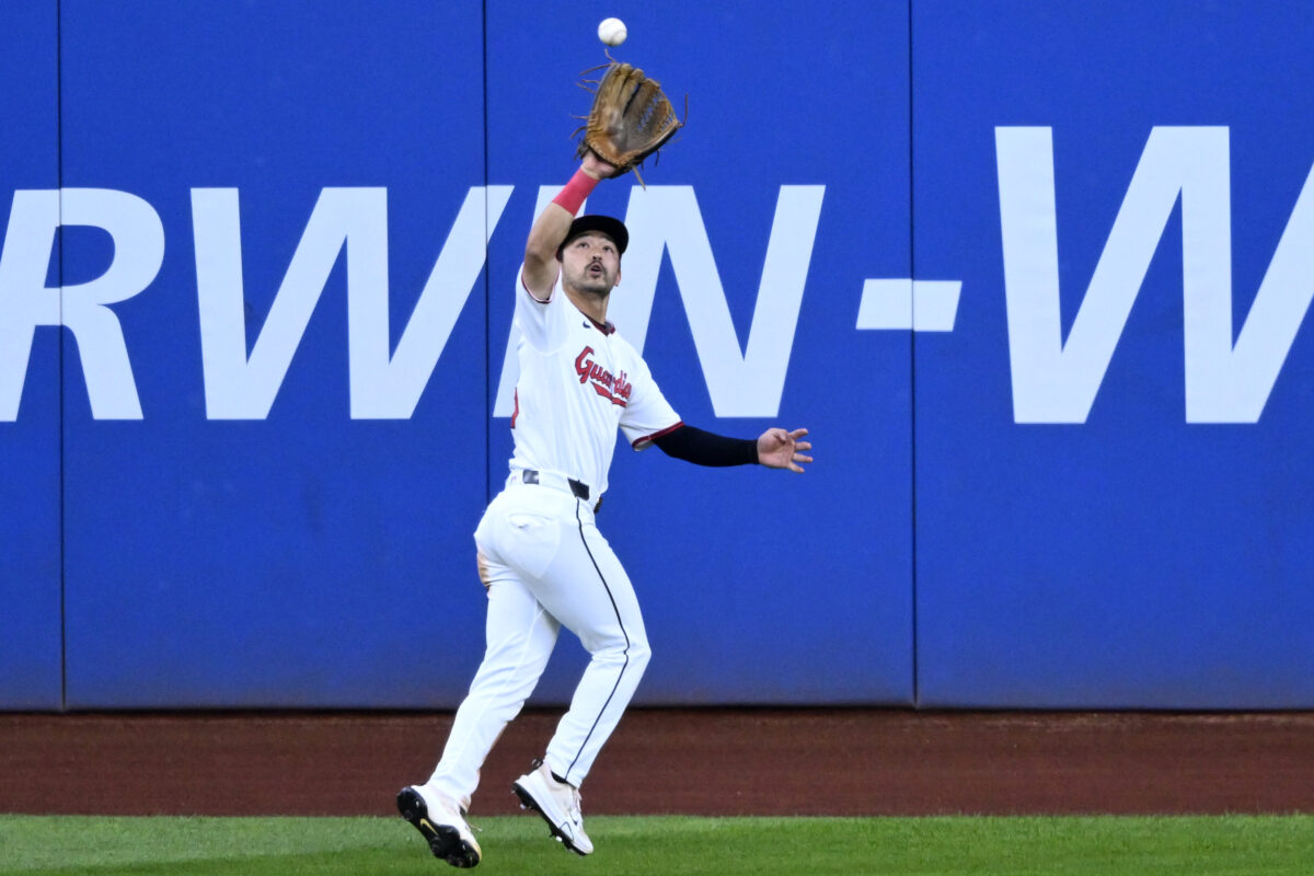 Jul 22, 2026; Cleveland, Ohio, USA; Cleveland Guardians left fielder Steven Kwan (38) catches a fly ball in the fifth inning against the Minnesota Twins at Progressive Field. Mandatory Credit: David Richard-Imagn Images