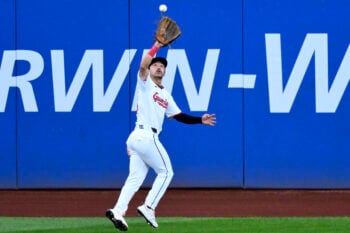 Jul 22, 2026; Cleveland, Ohio, USA; Cleveland Guardians left fielder Steven Kwan (38) catches a fly ball in the fifth inning against the Minnesota Twins at Progressive Field. Mandatory Credit: David Richard-Imagn Images