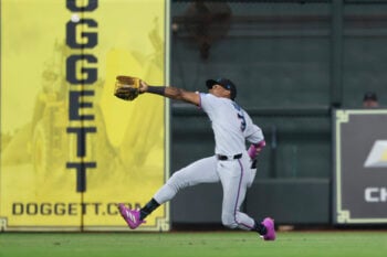 Jul 22, 2026; Houston, Texas, USA; Miami Marlins center fielder Esteury Ruiz (3) attempts to catch a fly ball during the sixth inning against the Houston Astros at Daikin Park. Mandatory Credit: Troy Taormina-Imagn Images