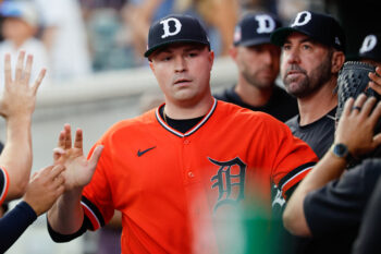 Jul 24, 2026; Detroit, Michigan, USA;  Detroit Tigers pitcher Tarik Skubal (29) receives congratulations from teammates in the eighth inning against the Kansas City Royals at Comerica Park. Mandatory Credit: Rick Osentoski-Imagn Images