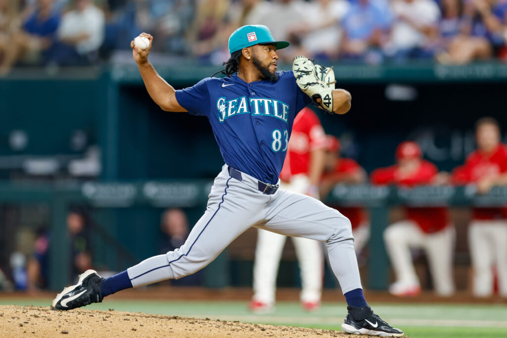 Jul 24, 2026; Arlington, Texas, USA; Seattle Mariners pitcher Eduard Bazardo (83) comes on to pitch during the sixth inning against the Texas Rangers at Globe Life Field. Mandatory Credit: Andrew Dieb-Imagn Images