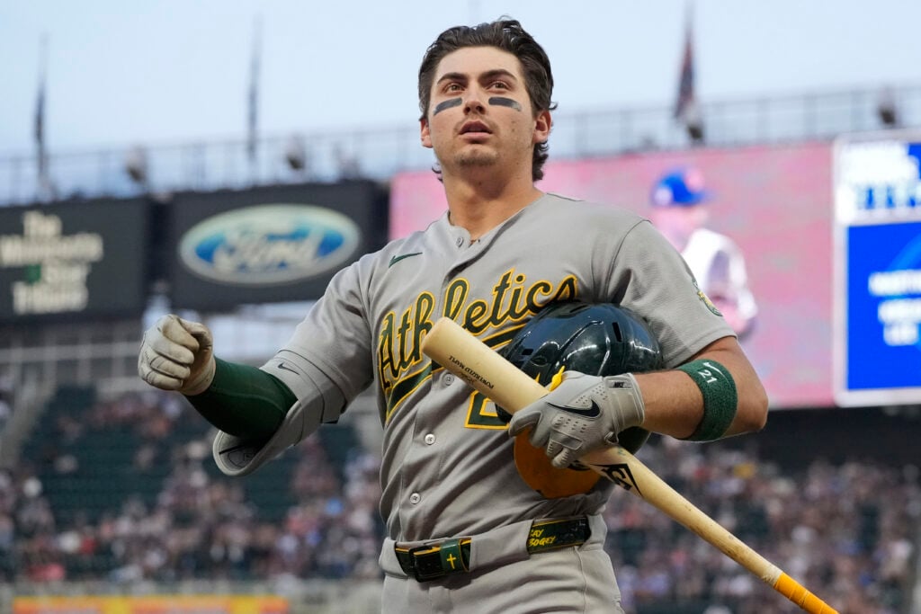 Jul 25, 2026; Minneapolis, Minnesota, USA; Athletics left fielder Tyler Soderstrom (21) returns to the dugout after striking out to the Minnesota Twins with two runners in scoring position in the eighth inning at Target Field. Mandatory Credit: Bruce Kluckhohn-Imagn Images