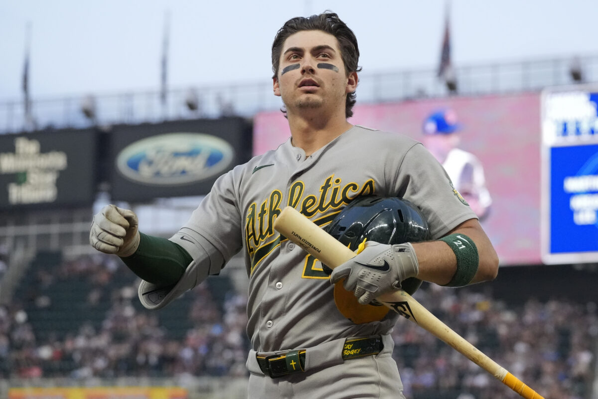 Jul 25, 2026; Minneapolis, Minnesota, USA; Athletics left fielder Tyler Soderstrom (21) returns to the dugout after striking out to the Minnesota Twins with two runners in scoring position in the eighth inning at Target Field. Mandatory Credit: Bruce Kluckhohn-Imagn Images