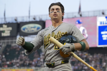 Jul 25, 2026; Minneapolis, Minnesota, USA; Athletics left fielder Tyler Soderstrom (21) returns to the dugout after striking out to the Minnesota Twins with two runners in scoring position in the eighth inning at Target Field. Mandatory Credit: Bruce Kluckhohn-Imagn Images