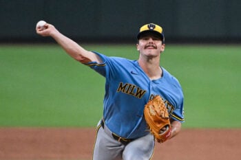 Jul 9, 2026; St. Louis, Missouri, USA; Milwaukee Brewers starting pitcher Logan Henderson (43) throws against the St. Louis Cardinals during the fourth inning at Busch Stadium. Mandatory Credit: Jeff Curry-Imagn Images