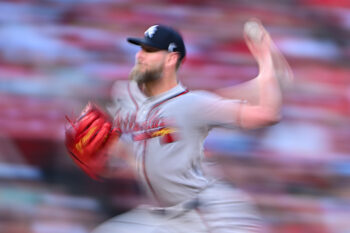 Jul 10, 2026; St. Louis, Missouri, USA; Atlanta Braves starting pitcher Chris Sale (51) throws against the St. Louis Cardinals during the second inning at Busch Stadium. Mandatory Credit: Jeff Curry-Imagn Images