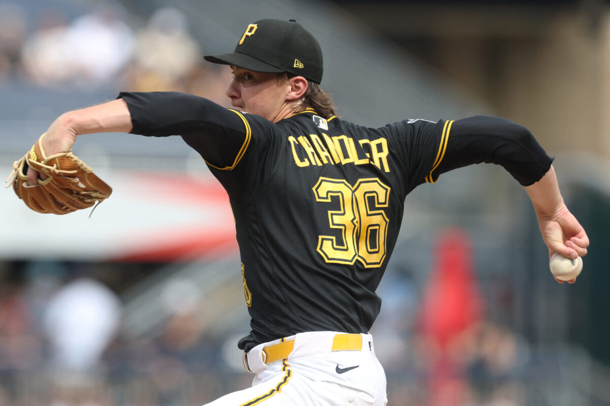 Jul 11, 2026; Pittsburgh, Pennsylvania, USA;  Pittsburgh Pirates starting pitcher Bubba Chandler (36) delivers a pitch against the Milwaukee Brewers during the first inning at PNC Park. Mandatory Credit: Charles LeClaire-Imagn Images