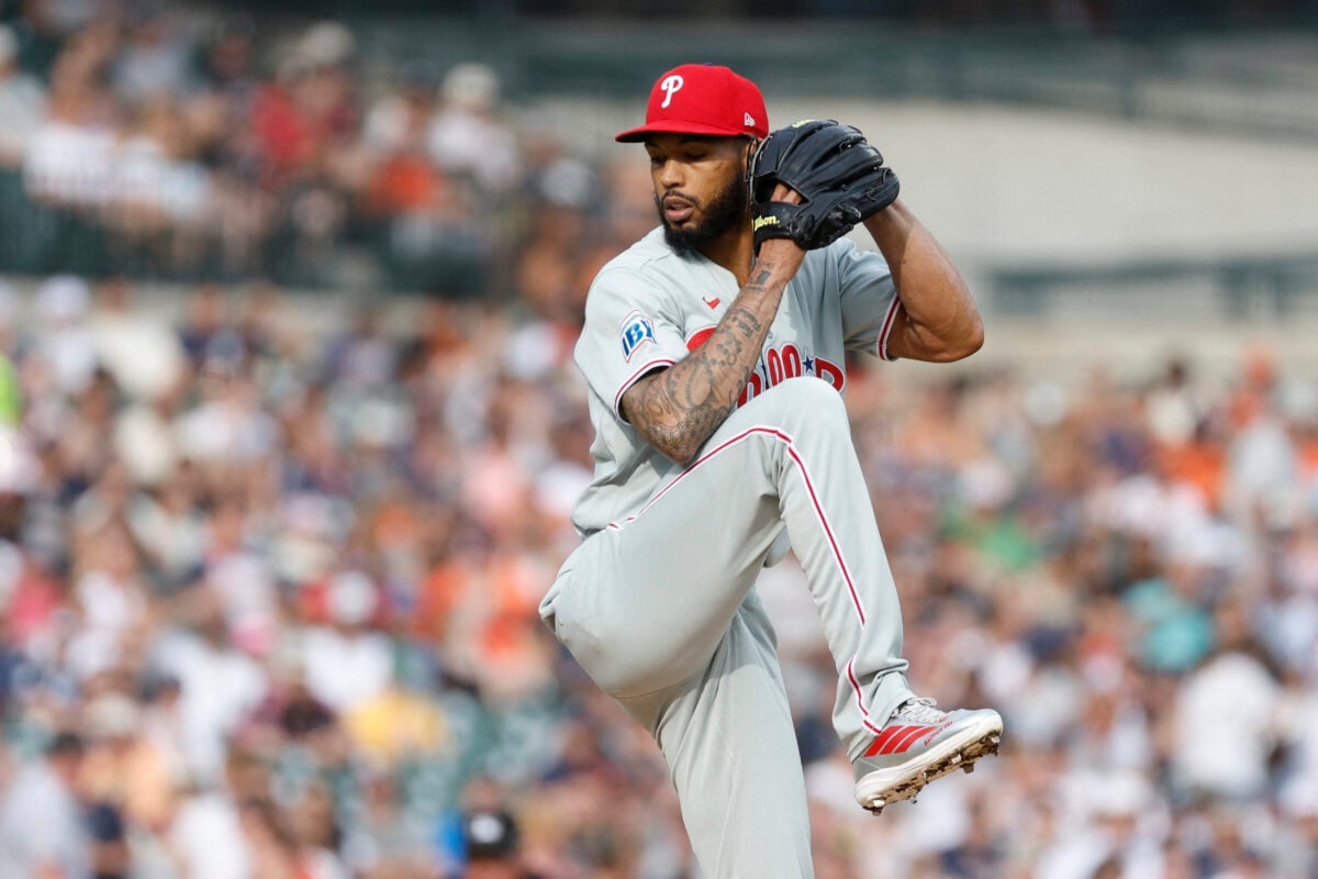 Jul 11, 2026; Detroit, Michigan, USA; Philadelphia Phillies pitcher Cristopher Sánchez (61) throws during the first inning against the Detroit Tigers at Comerica Park. Mandatory Credit: Brian Bradshaw Sevald-Imagn Images