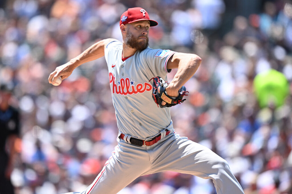 Jul 12, 2026; Detroit, Michigan, USA; Philadelphia Phillies starting pitcher Zack Wheeler (45) throws a pitch against the Detroit Tigers in the first inning at Comerica Park. Mandatory Credit: Lon Horwedel-Imagn Images