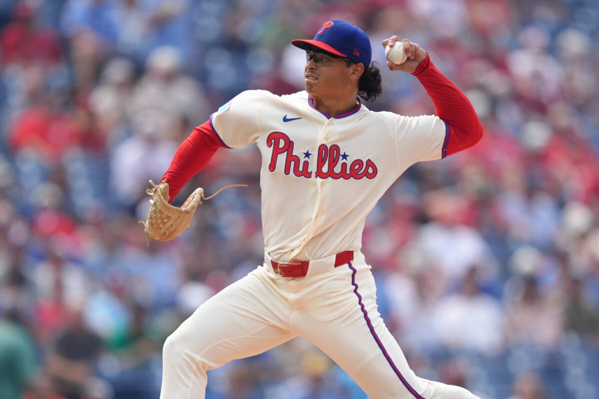 Jul 18, 2026; Philadelphia, Pennsylvania, USA; Philadelphia Phillies starting pitcher Jesus Luzardo (44) throws a pitch against the New York Mets in the first inning at Citizens Bank Park. Mandatory Credit: Kyle Ross-Imagn Images