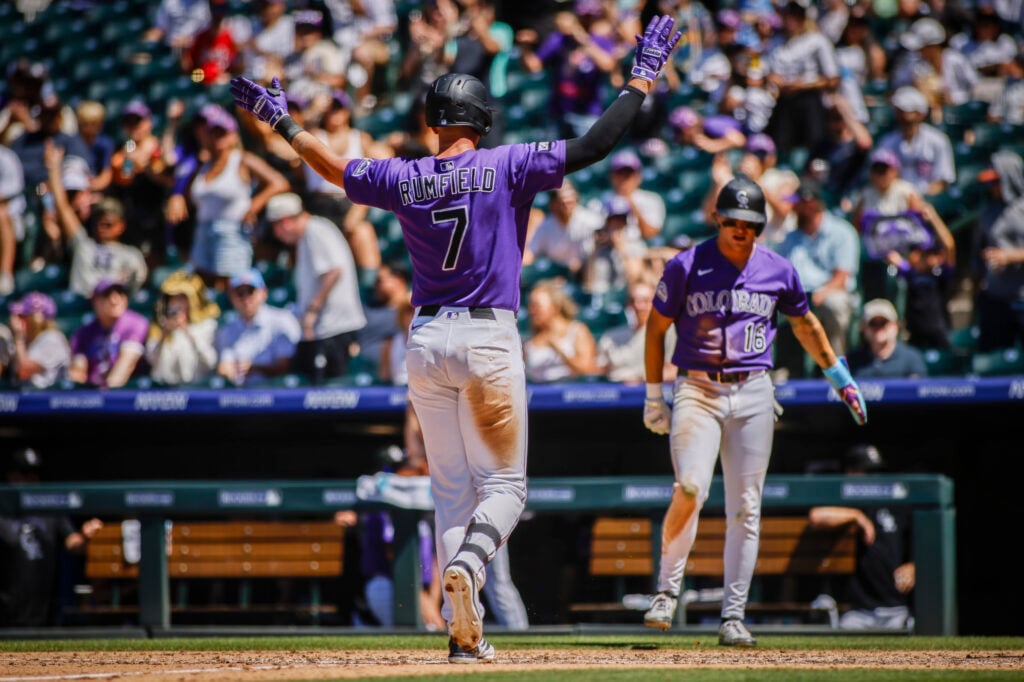 Jul 18, 2026; Denver, Colorado, USA; Colorado Rockies first baseman TJ Rumfield (7) celebrates a home run in the 6th inning at Coors Field. Mandatory Credit: Chet Strange-Imagn Images