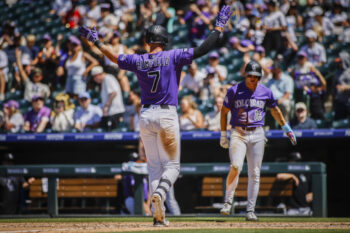 Jul 18, 2026; Denver, Colorado, USA; Colorado Rockies first baseman TJ Rumfield (7) celebrates a home run in the 6th inning at Coors Field. Mandatory Credit: Chet Strange-Imagn Images