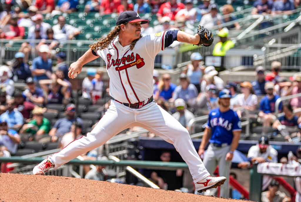 Jul 19, 2026; Cumberland, Georgia, USA; Atlanta Braves pitcher Grant Holmes (66) pitches against the Texas Rangers during the second inning at Truist Park. Mandatory Credit: Dale Zanine-Imagn Images