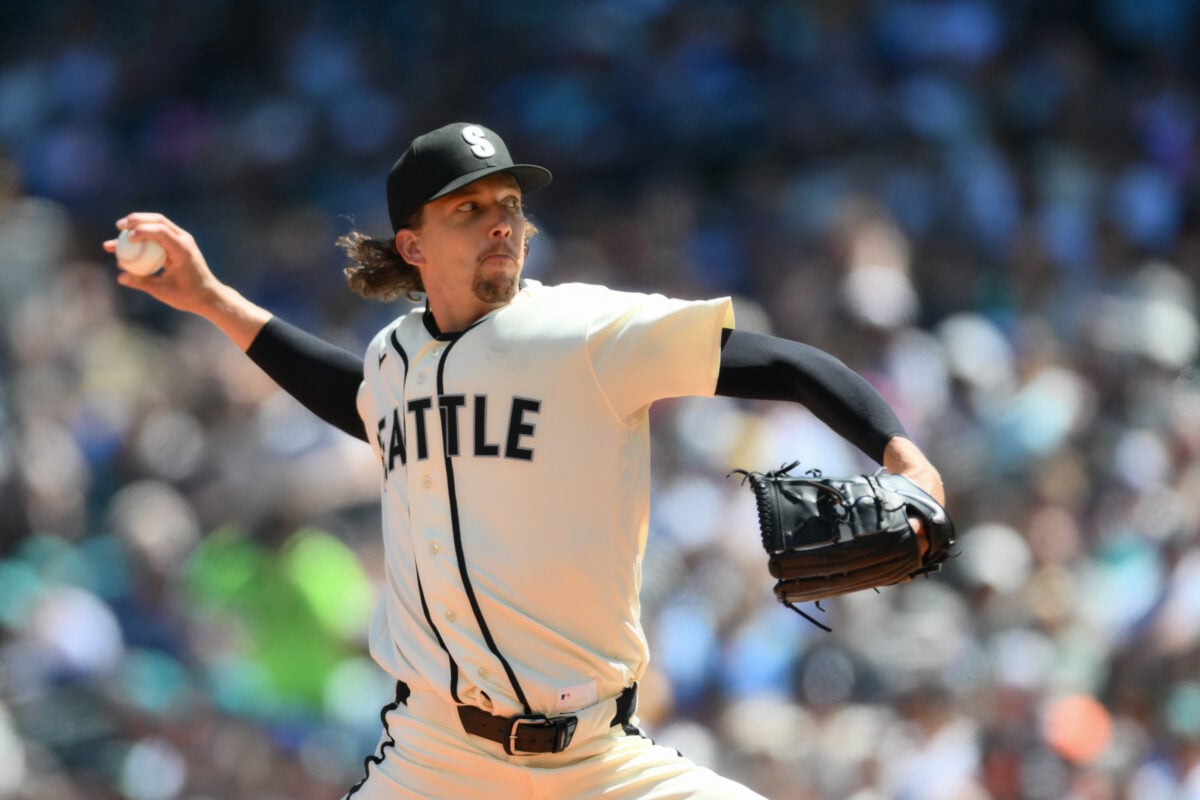 Jul 19, 2026; Seattle, Washington, USA; Seattle Mariners starting pitcher Logan Gilbert (36) pitches to the San Francisco Giants during the first inning at T-Mobile Park. Mandatory Credit: Steven Bisig-Imagn Images