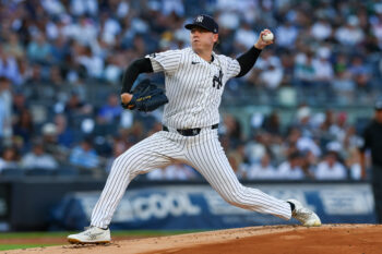 Jul 20, 2026; Bronx, New York, USA; New York Yankees pitcher Ryan Weathers (40) delivers a pitch during the first inning against the Pittsburgh Pirates at Yankee Stadium. Mandatory Credit: Vincent Carchietta-Imagn Images