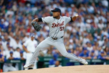 Jul 21, 2026; Chicago, Illinois, USA; Detroit Tigers starting pitcher Framber Valdez (59) delivers a pitch against the Chicago Cubs during the first inning at Wrigley Field. Mandatory Credit: Kamil Krzaczynski-Imagn Images