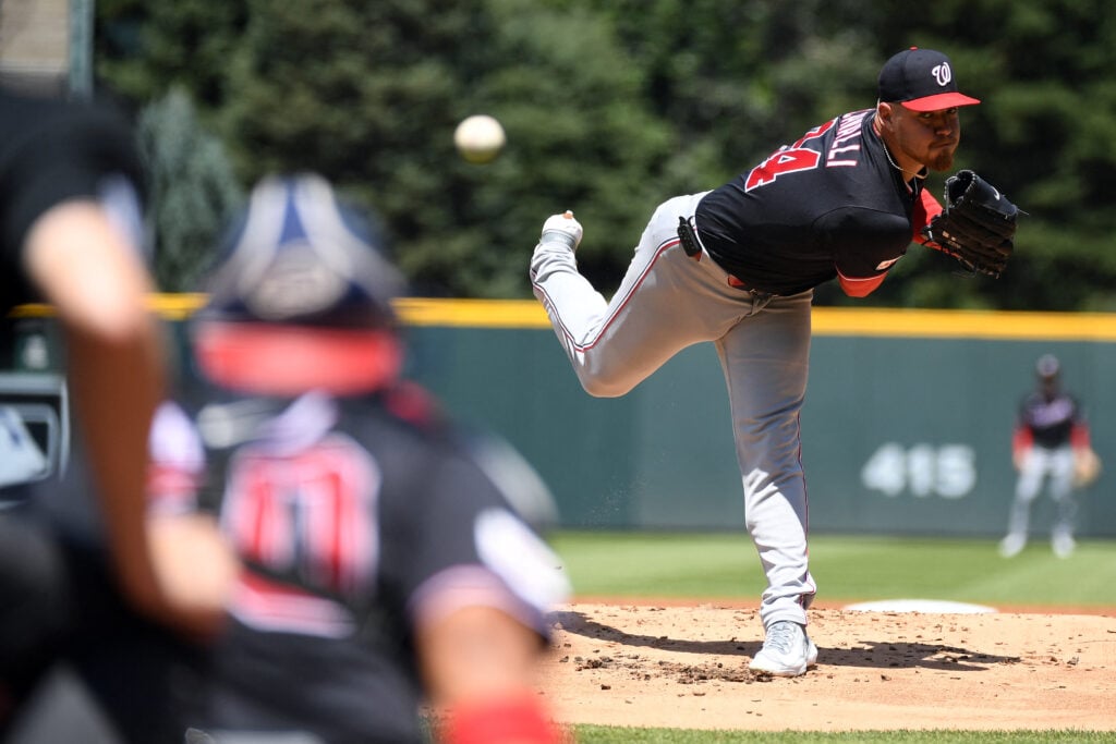 Jul 22, 2026; Denver, Colorado, USA; Washington Nationals pitcher Cade Cavalli (24) pitches in the first inning against the Colorado Rockies at Coors Field. Mandatory Credit: Christopher Hanewinckel-Imagn Images